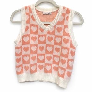 SHEIN Pink and White Knit Sweater Vest with Heart Design / Pattern